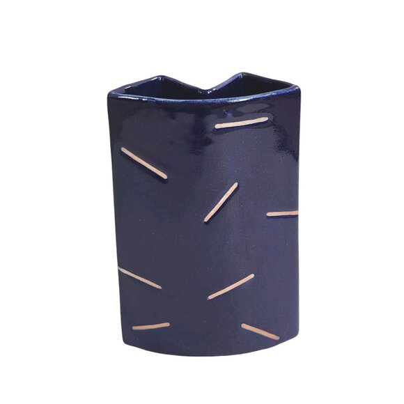 Vintage Stoneware Geometric Vase Retro MCM Rare HTF Cobalt Blue Glazed 6 5/8" - Picture 4 of 14